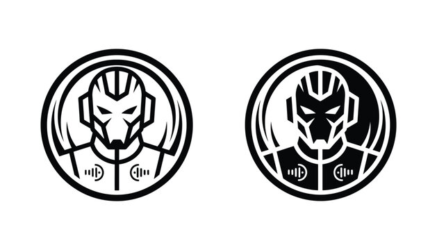 Futuristic robot head emblem in circular frame vector icon set for technology and AI branding