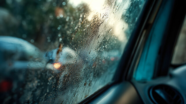 Rainy car window view with raindrops and sunlight reflection travel jo