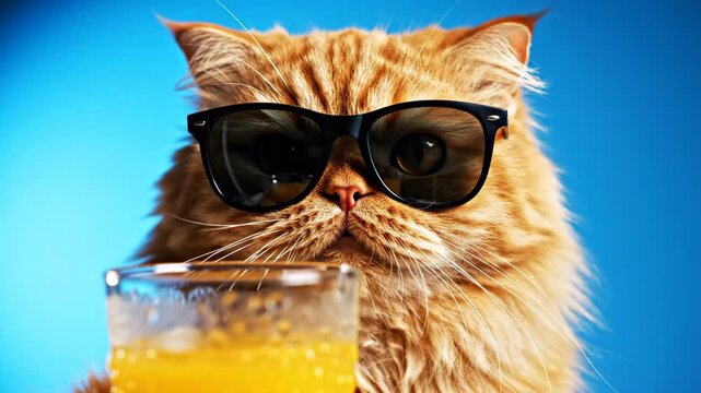 Fluffy Orange Cat Wearing Black Sunglasses Holding Sweaty Glass of Orange Juice on Blue Background