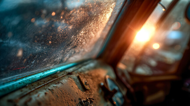 Sunlight through rainy car window on a journey