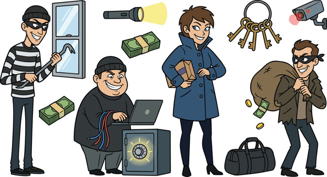 Criminal Thief and Burglar Character Vector Set Featuring Heist Scenes with Safe Cracking House Break In Shoplifting Money Bag and Security Camera Icons for Crime Prevention