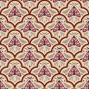 Vintage art deco seamless pattern. Vector pattern with moth, moon and stars. For textiles, home decor, packaging