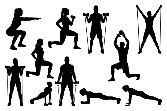 Silhouettes of diverse individuals performing various fitness exercises.