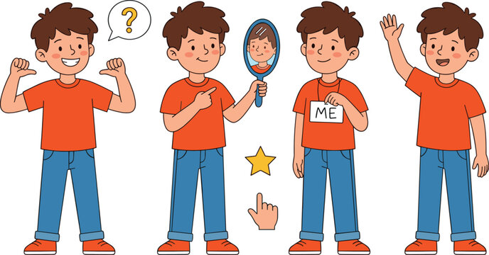 Little Boy Character Set Exploring Self Identity Awareness and Body Image with Mirror Reflection Questioning Personality and Waving Hand for Kids Education and Psychological Concepts