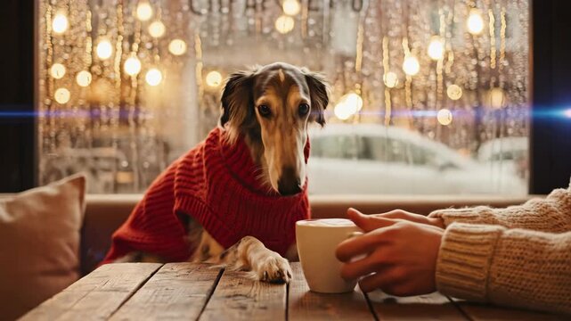 Saluki Dog in Red Knit Sweater Sitting at Wooden Cafe Table Near Window with Raindrops