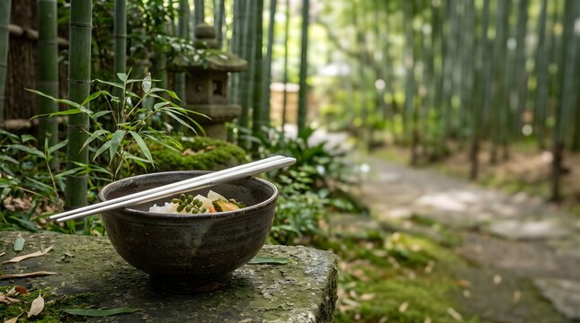 Rice bowl with chopsticks resting on a stone in a Japanese bamboo forest