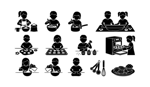 Children baking glyph icon set black vector illustration