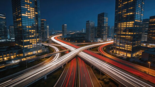 Nighttime city highway intersection with light trails