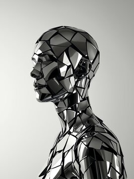 Abstract human figure composed of fragmented reflective mirror surfaces with geometric shards, clean grey background, soft lighting. Perfect for identity, AI, psychology and branding concepts 2026.