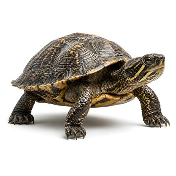 Pond Slider Turtle Walking Isolated On White Background