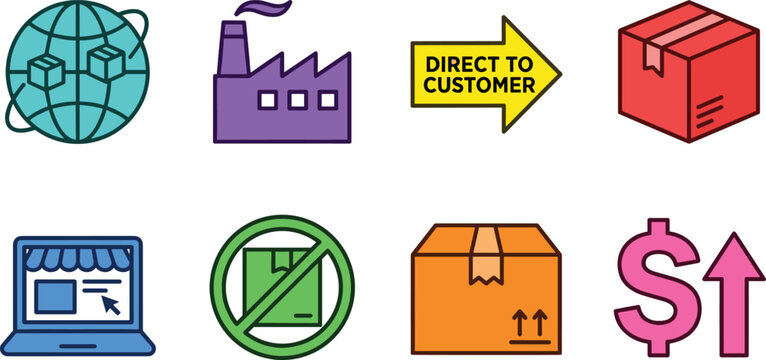 Set of Global Supply Chain and E-commerce Vector Icons Featuring Shipping, Supplier, Direct-to-Customer Delivery, Online Orders, Inventory, Packages, and Profit Symbols