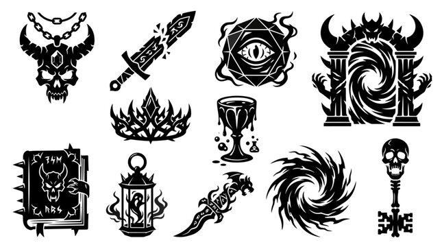 Silhouette vector icon set featuring dark fantasy game relics  cursed skull amulet  broken rune sword  floating eye crystal  ancient demon gate  shadow crown  poisoned chalice  spiked spell book  soul