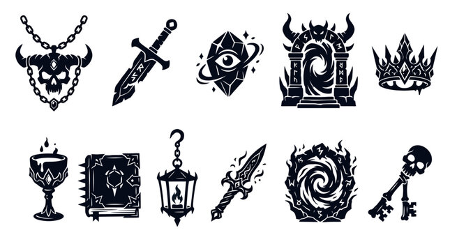 Silhouette vector icon set featuring dark fantasy game relics  cursed skull amulet  broken rune sword  floating eye crystal  ancient demon gate  shadow crown  poisoned chalice  spiked spell book  soul