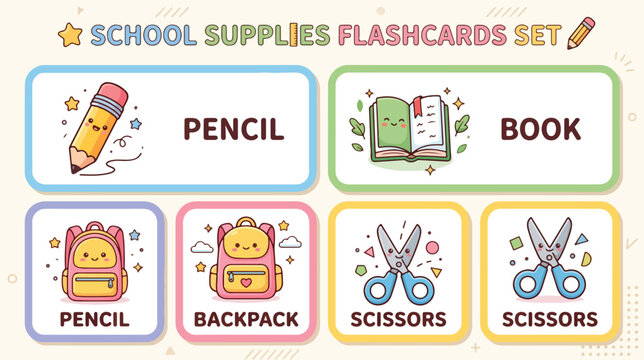Children's educational flashcards with school supplies on a colorful background