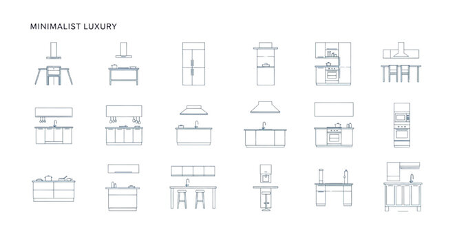 Minimalist luxury kitchen elevation vector icons for modern interior architectural plans