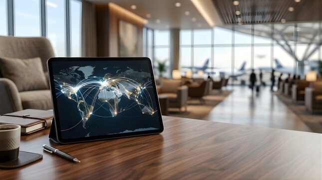 Tablet displaying global network connections in a blurred airport lounge