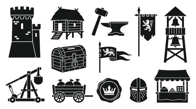 Silhouette vector icon set featuring medieval kingdom management game assets