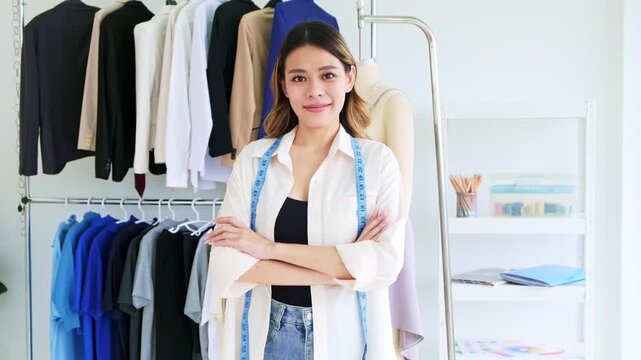 Confident fashion designer in a bright studio, arms crossed with a measuring tape, standing by clothing racks and a mannequin.