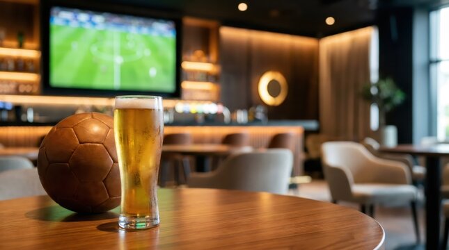 Glass of cold beer and soccer ball on wooden table in sports bar. TV screen showing football game in background. Leisure time and hobby concept for fans watching live match in pub.