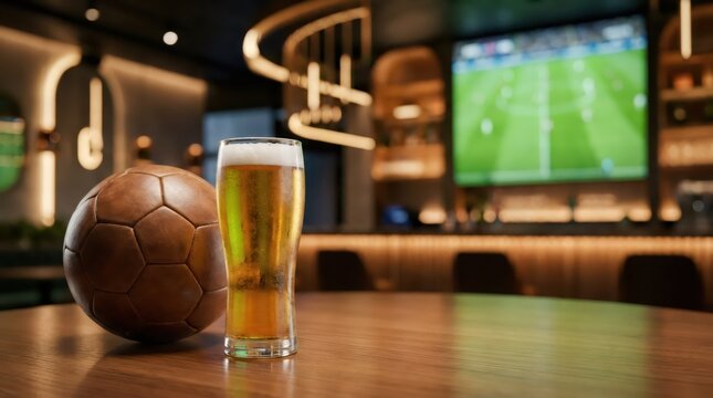 Glass of beer and leather soccer ball on wooden table in sports bar. Blurred television screen showing football match. Concept of leisure, hobby, relaxation and social gathering.