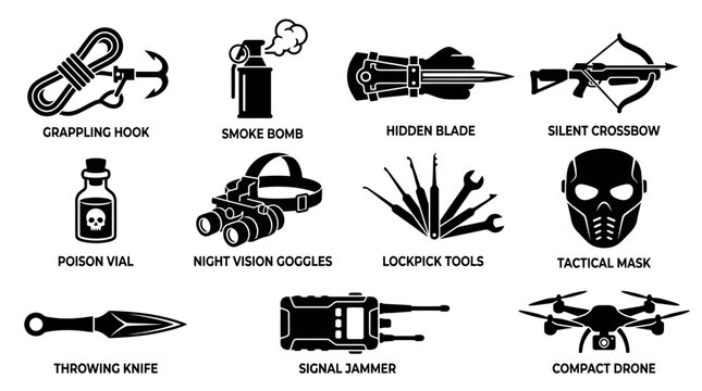 Silhouette vector icon set featuring stealth assassin game equipment