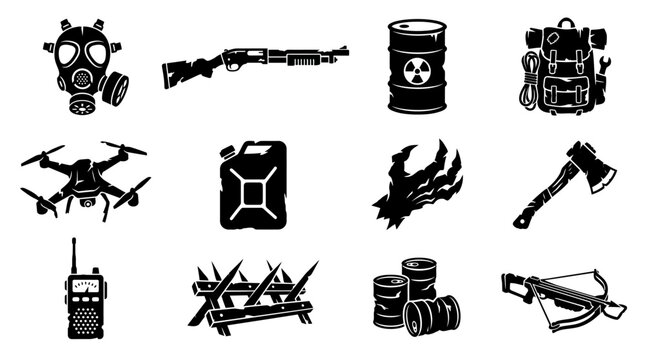 Silhouette vector icon set featuring post apocalyptic survival game objects  gas mask  rusty shotgun  radiation barrel  scrap backpack  broken drone  fuel canister  mutant claw  survival axe  emergenc