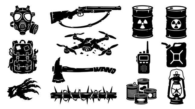 Silhouette vector icon set featuring post apocalyptic survival game objects  gas mask  rusty shotgun  radiation barrel  scrap backpack  broken drone  fuel canister  mutant claw  survival axe  emergenc