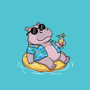 Cute cartoon hippo relaxing on a donut float with sunglasses and a drink.