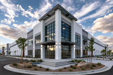 Fototapeta premium New commercial building with modern design and clear sky background in afternoon