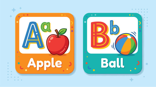 Children's educational flashcards with alphabet letters and objects on a colorful background
