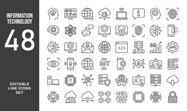 Information technology icon set. Containing IT manager, big data, data analytics, cybersecurity, artificial intelligence and more. Editable line icons. Vector illustration.