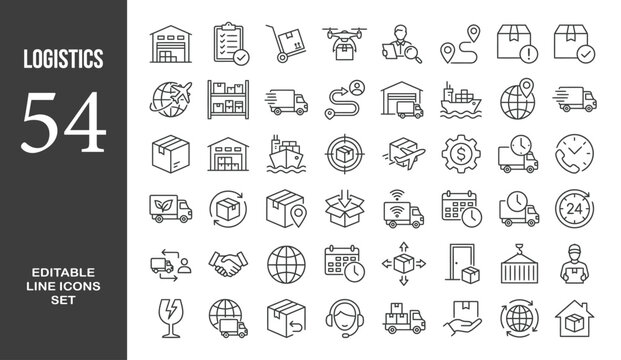 Logistics icon set. Editable line icons. Vector illustration.