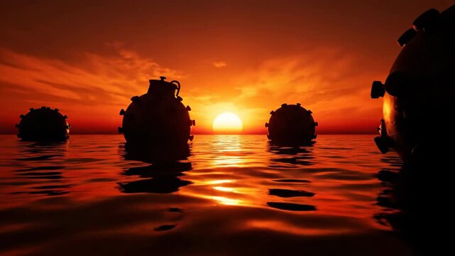Naval Contact Mines Floating in Calm Ocean Water During Orange Sunset