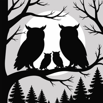 Realistic silhouette of an owl family on a tree branch at night with big moon.