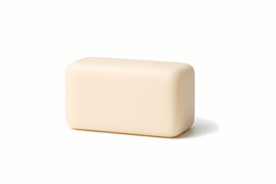 This clear photograph features a smooth rectangular block of beige soap or butter isolated on a pure white background. It is highly suitable for dairy product designs and skincare marketing.
