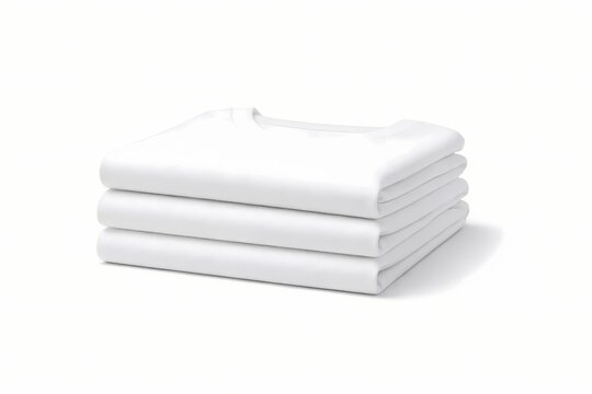Clean digital depiction of a neat stack of blank white t shirts isolated on a bright background ideal for apparel mockup designs laundry service marketing and minimalist wardrobe content