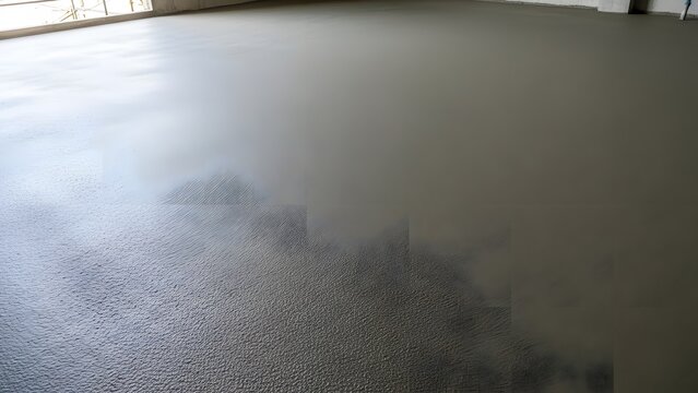 Freshly poured concrete floor, leveled and smoothed. Its wet, uniform texture forms a strong foundation for modern construction projects, ready for continued development