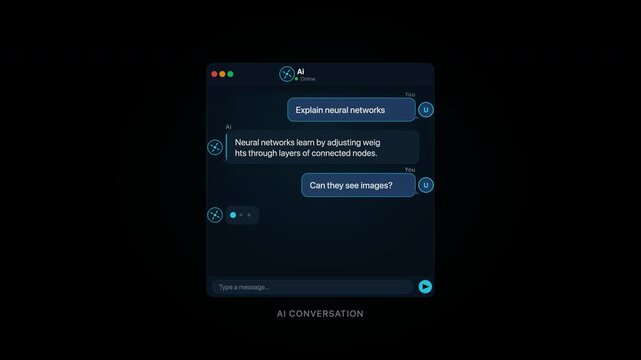 Dark themed ai conversation interface displayed on a screen, perfect for web design, technology blogs, and futuristic uxui concepts.