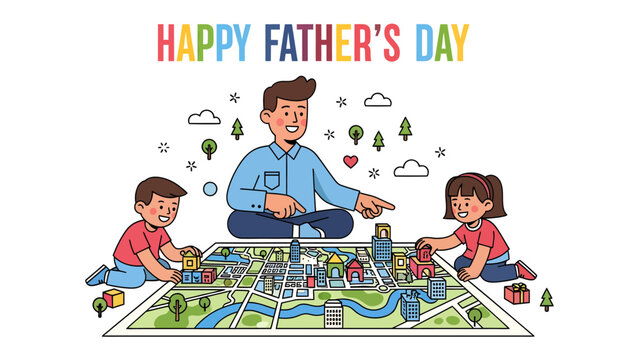 Joyous Father's Day: A loving father shares a delightful moment with his children. Playful, bonding and joyful father's day illustration.