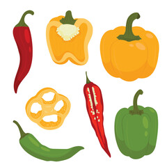 Fototapeta premium Bell Pepper and Chili Pepper Set, Whole and Sliced Vegetables Illustration on White Background