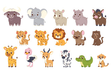 Obraz premium African Savanna Animals Collection, Cute Cartoon Safari Zoo Baby Animal Characters Set