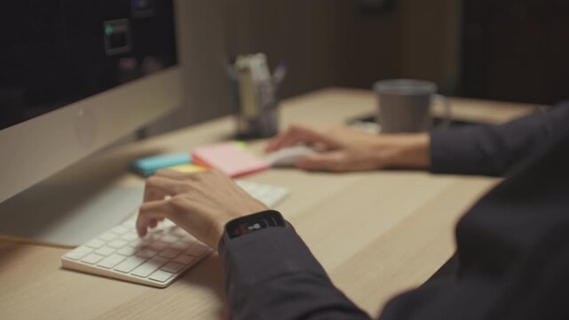 Hardworking man freelancer takes a mindful stretch break after a long focus session, embracing digital wellness, work-life balance, and sustainable productivity in the remote work era
