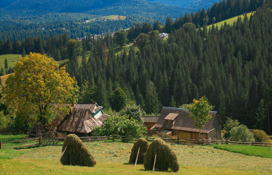 Picturesque mountain landscape. Ukrainian Carpathians. A cozy village lies in the valley below, surrounded by rolling green hills and misty mountain peaks. Bright traditional houses and untouched
