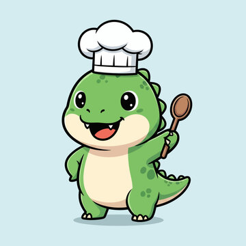Cute Dinosaur Chef Holding Spoon Cartoon Illustration.