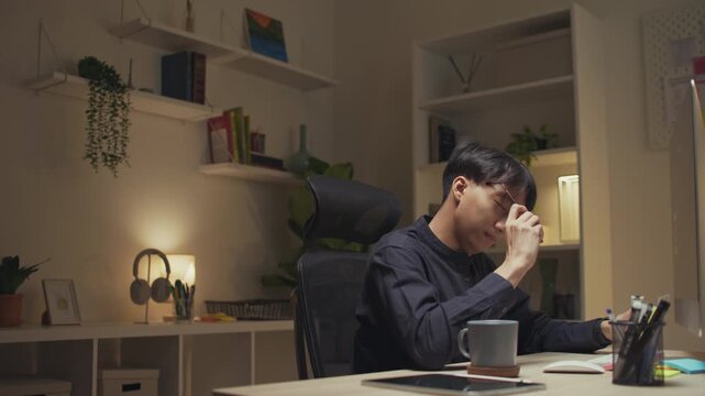 Hardworking man freelancer takes a mindful stretch break after a long focus session, embracing digital wellness, work-life balance, and sustainable productivity in the remote work era