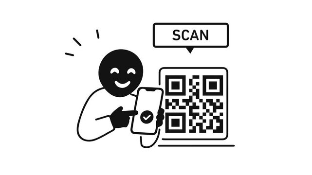 Animated stick figure scanning a large QR code using a smartphone with a checkmark on screen. Minimalist black and white doodle animation for digital payment, verification, and mobile barcode technolo