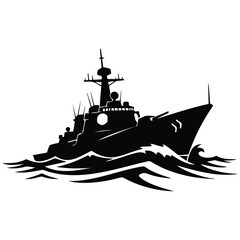 Silhouette vector illustration of modern warship sailing through choppy waves, naval power. © MD