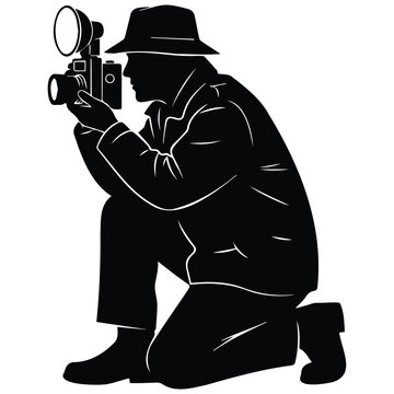 Photographer with camera, vintage style, crouching, taking photo, press, event, vector illustration, silhouette.