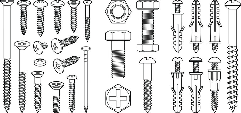 Hand Drawn Screws Bolts Nuts and Wall Plugs Vector Illustration Set for Construction and Repair Hardware Design