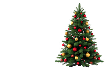 Fototapeta premium Christmas tree decorated with red and gold baubles, celebrating winter holidays and festive season with transparent background